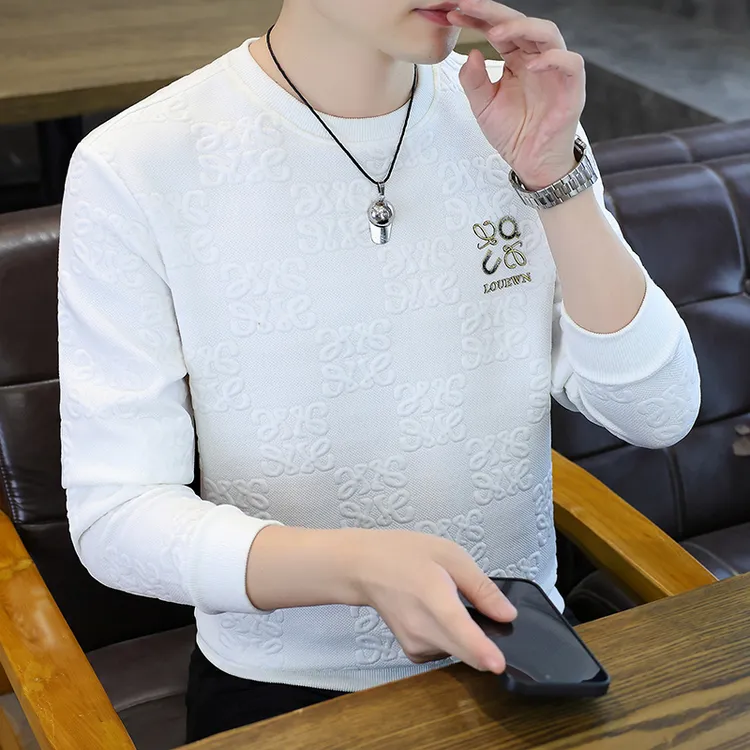 2025高级感男士圆领卫衣春秋新款潮牌个性长袖t恤潮流提花打底衫