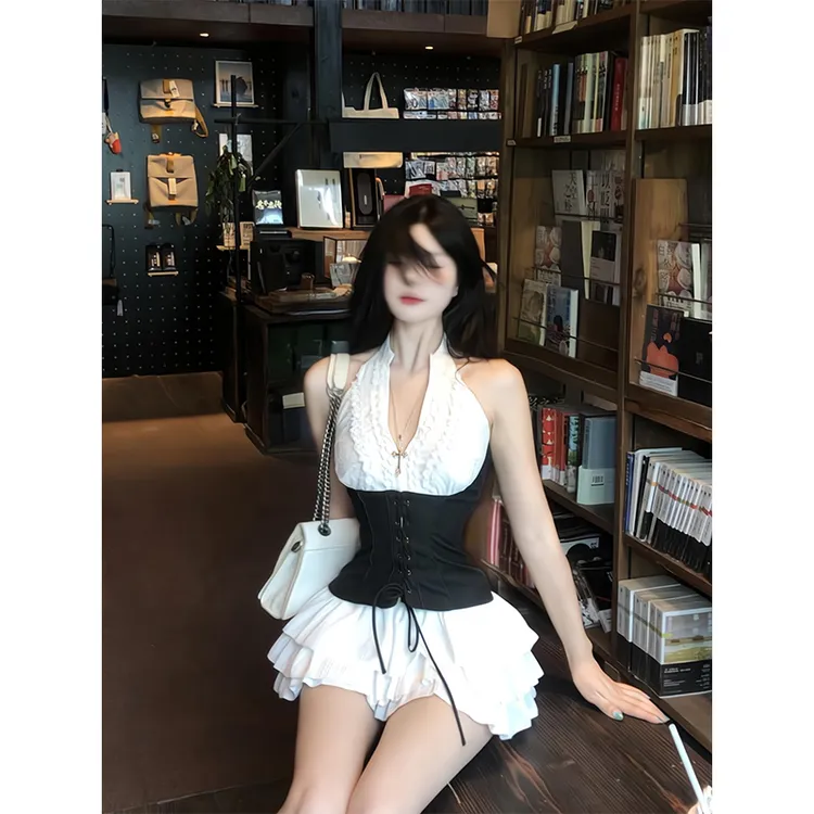 2025新款女士夏季黑白撞色抽绳挂脖背心拼接露背吊带上衣半身裙