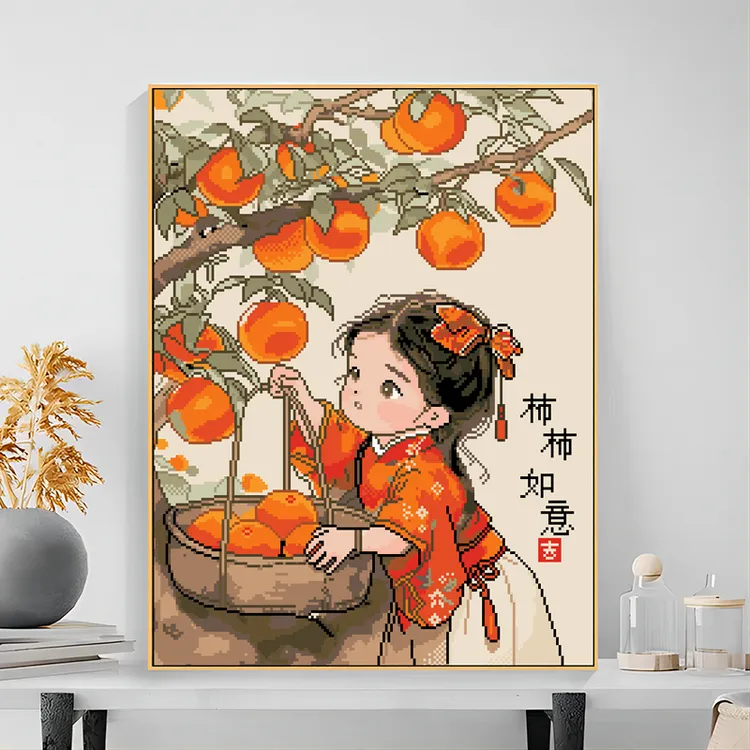 进口棉布十字绣事事如意小女孩高清印花现代简约可爱装饰手工绣