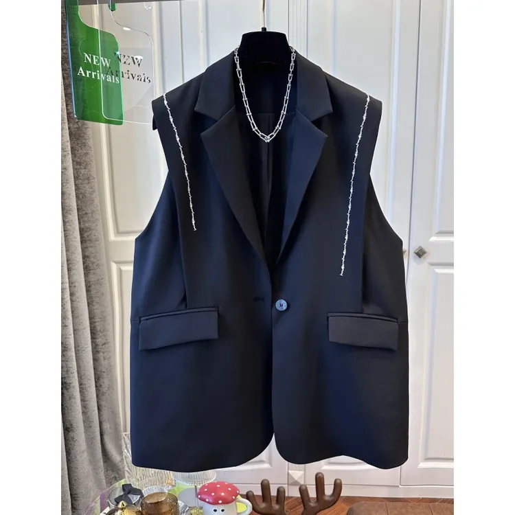 欧洲站黑色翻领西装刺绣坎肩无袖马甲女上衣时尚叠穿早春新款