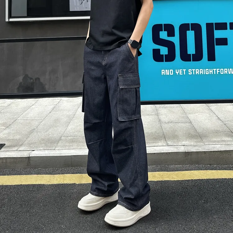 QUALCOMM美式复古褶皱多口袋牛仔裤男女同款宽松显瘦休闲工装裤子