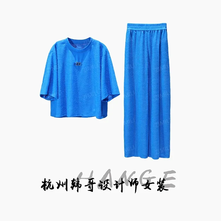 【韩哥女装】欧版《古朴典雅》蓝色透气时尚短袖套装8088-A1