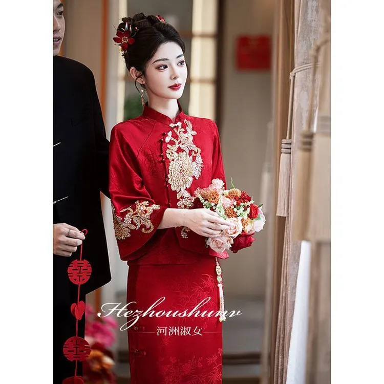 画报夫人新中式结婚旗袍敬酒服新娘高贵订婚红色长袖套装结婚礼服