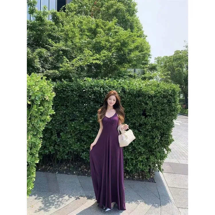 显瘦气质法式复古设计感小众收腰高腰中长款吊带裙连衣裙 夏季日