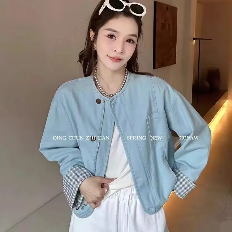 时尚格子拼接短外套女欧洲站2025年春新款百搭显瘦小个子夹克上衣