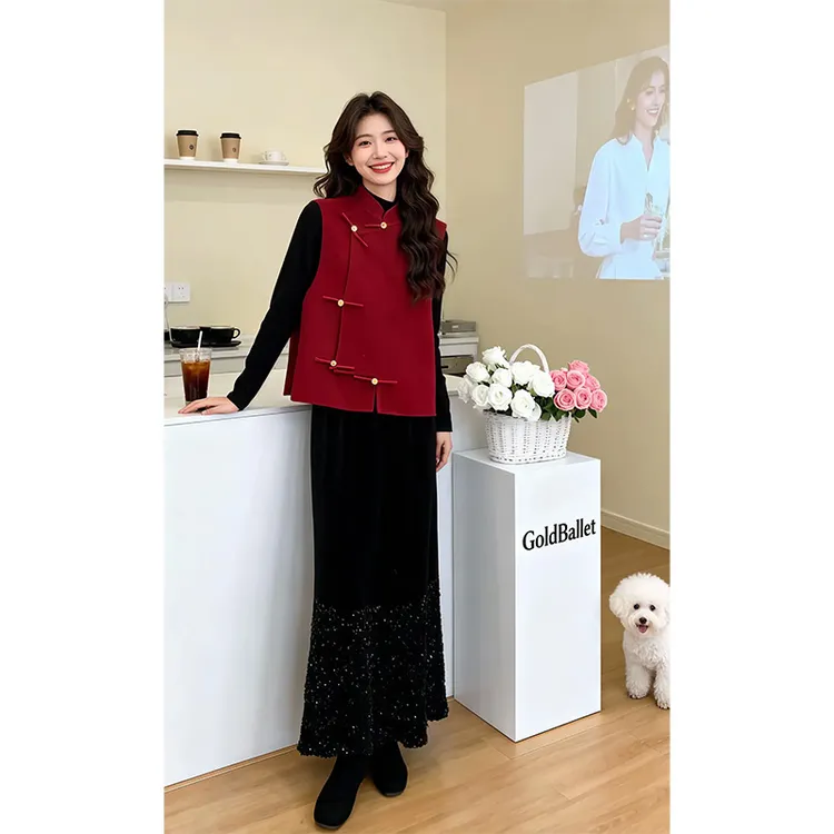 过新年穿搭富家千金新中式红色盘扣马甲黑色内搭半身裙三件套装女