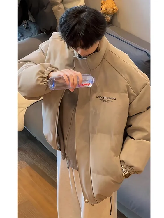 冬季港风三防棉服男美式复古棉衣外套水洗做旧PU皮立领情侣棉袄