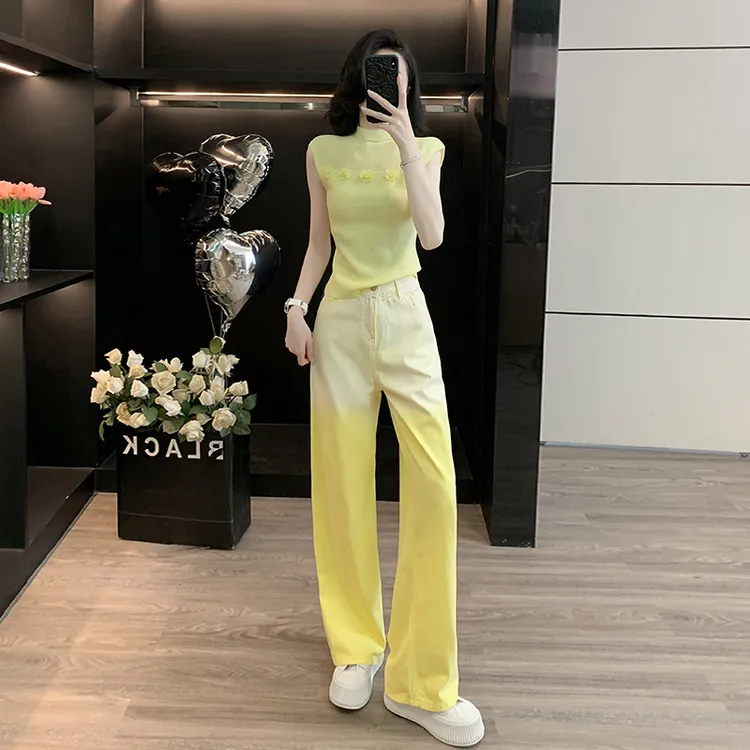 2025夏秋新款时尚套装无袖针织衫搭显瘦高腰直筒牛仔裤减龄两件套