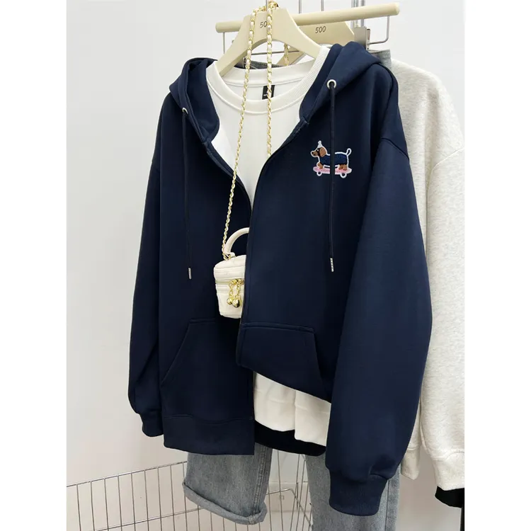 藏蓝色开衫连帽卫衣女2025秋冬款加绒加厚韩版宽松大码拉链外套潮
