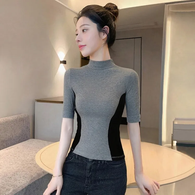 螺纹半高领拼接中袖打底衫女内搭半袖收腰显瘦设计感五分袖t恤秋