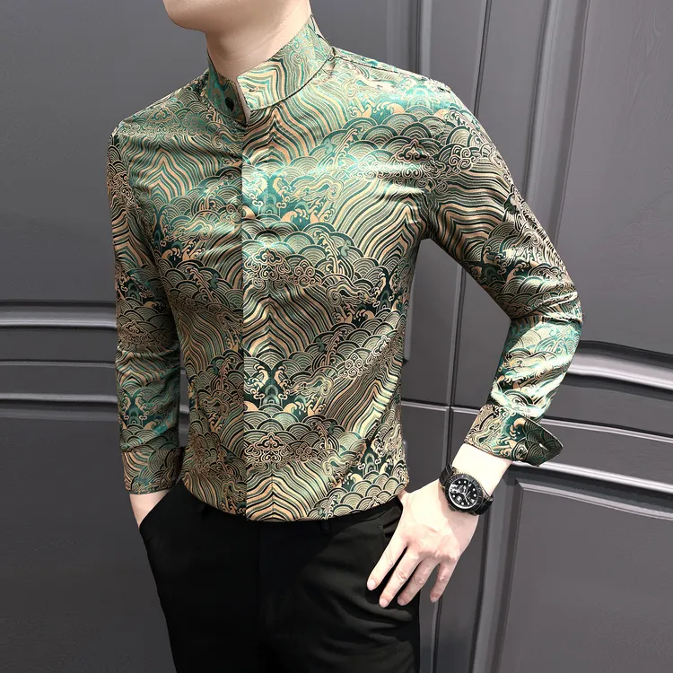祥云男士花衬衫长袖2025新款国风男装秋季高级感立领修身男款衬衣