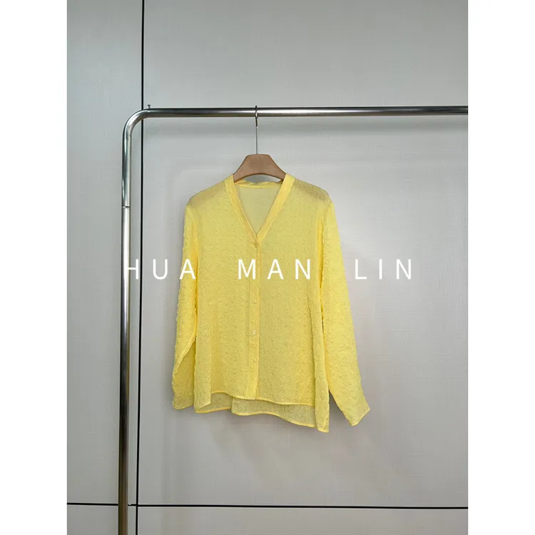 【花滿林】V领定染色小鸡黄泡泡双绉真丝桑蚕丝上衣255960