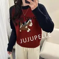 围巾小马~撞色提花秋冬红色新年减龄休闲百搭毛衣针织衫女款套头 