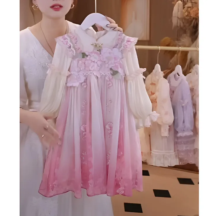 汉服女童连衣裙春装2025新款春秋款儿童公主裙中秋节宝宝唐装裙子
