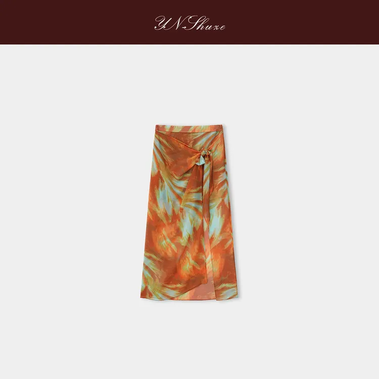 YN-SHUZE【夏日橘调】设计感特调花色系带半身长裙SZ-YNC-2025907