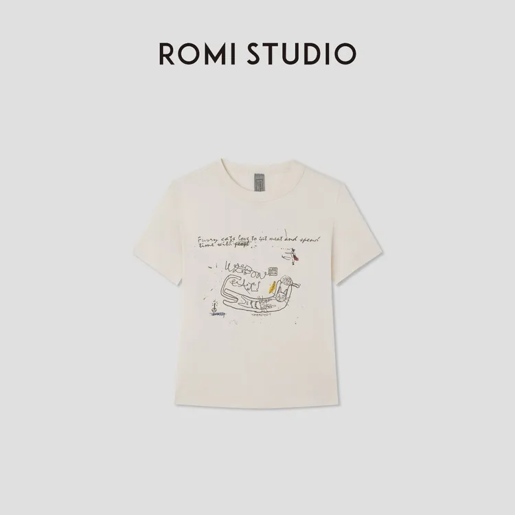 ROMI STUDIO“天然棉籽无染色”手绘涂鸦印花圆领短袖T恤RWCRSY2925