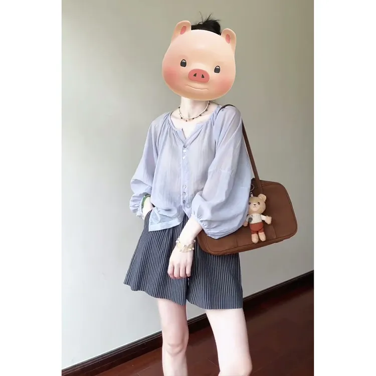 A1951#夏季法式气质薄款宽松防晒衬衫上衣百搭高腰显瘦条纹短裤