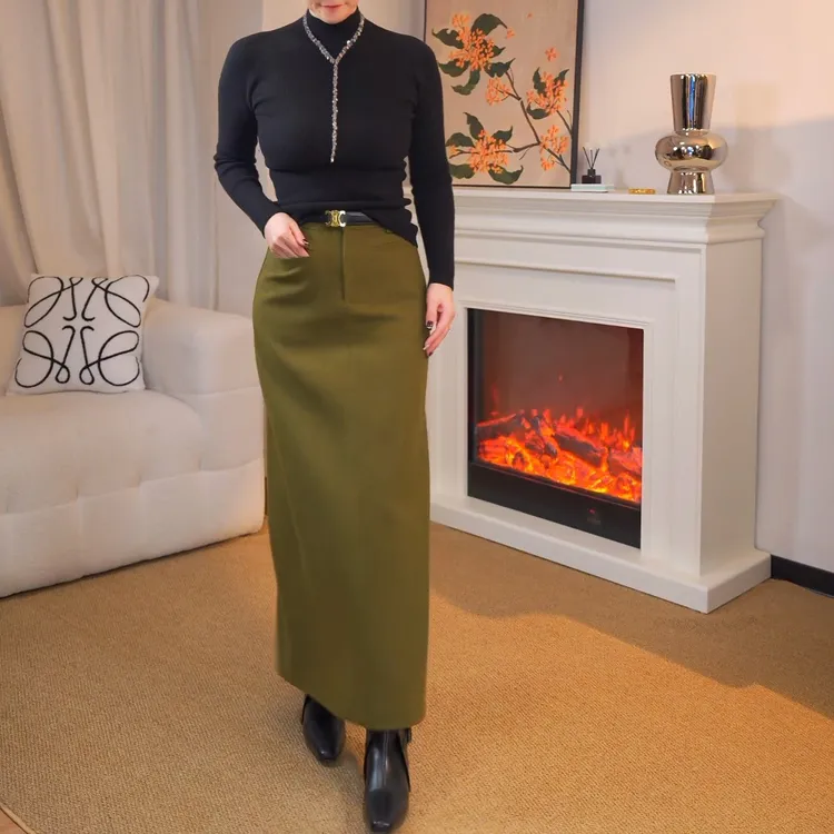 加厚毛呢高腰显瘦长款绿色半身裙秋冬新款气质通勤开叉百搭1128