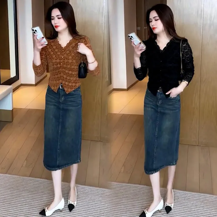 时尚套装裙女2025春季新款洋气显瘦V领蕾丝小衫牛仔半身裙两件套