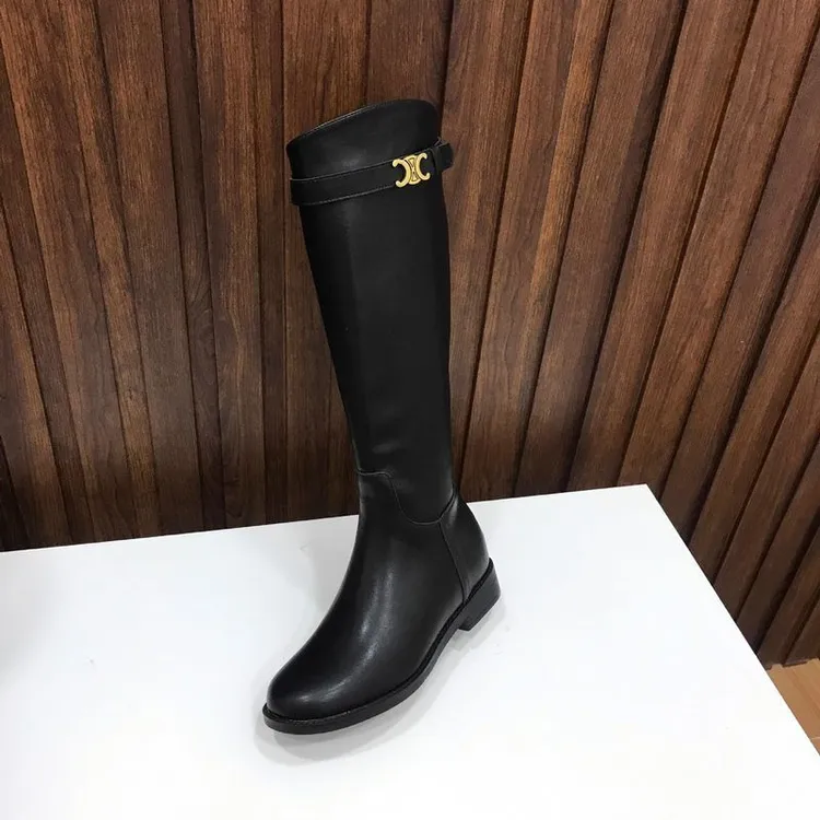 现货秒发！时尚百搭新款牛皮斜口凯旋门扣带粗跟高筒骑士靴女秋冬