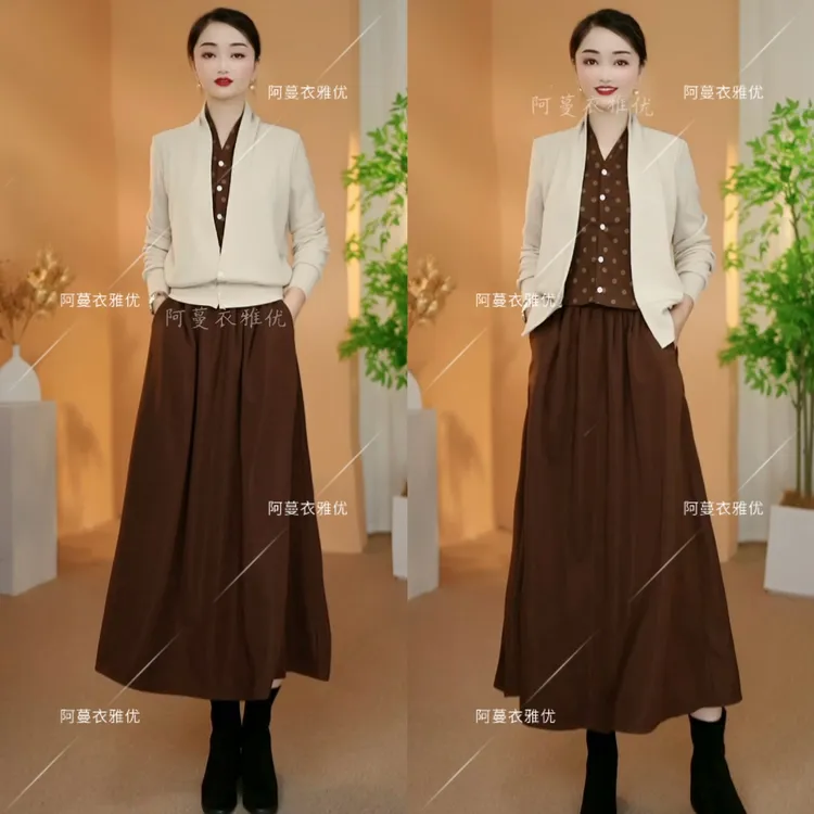 【衣雅严选】8100-2390#欧棉绒假两件上衣开衫加高腰半身裙两件套
