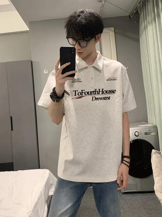 潮牌POLO衫痞帅简约白灰韩版宽松圆领潮牌百搭美式短袖T恤夏季