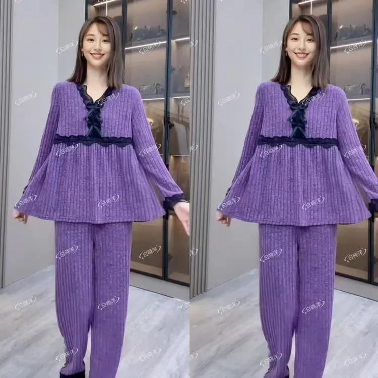 时尚洋气黑蕾丝性感V领韩版遮肉显瘦雪花绒家居服睡衣套装8133