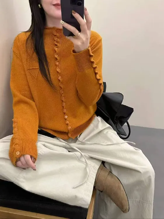 花边扣纯色2025新款韩系显瘦宽松长袖针织开衫