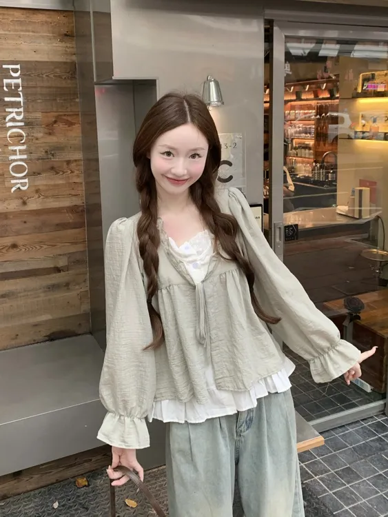 小众假两件绑带长袖衬衫女早秋2025新款气质宽松显瘦减龄别致上衣