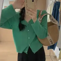 显瘦女毛针织衫春季彩色扣开衫长袖绿色百搭韩版网红宽松纯色