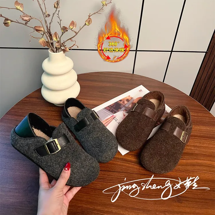 厚底勃肯鞋女灰色毛呢棉鞋2025冬季新款加绒保暖一脚蹬豆豆乐福鞋