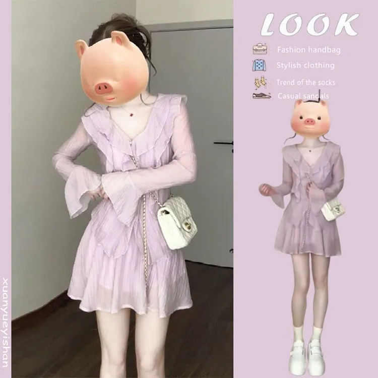 一整套春季女套装2025新款韩版v领小众上衣甜辣遮肚短裙两件套装