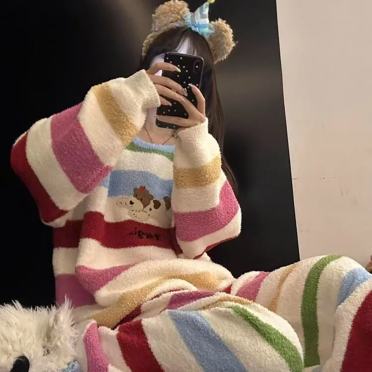 甜美风彩虹撞色条纹半边绒睡衣女款秋冬新款加厚家居服套装可外穿
