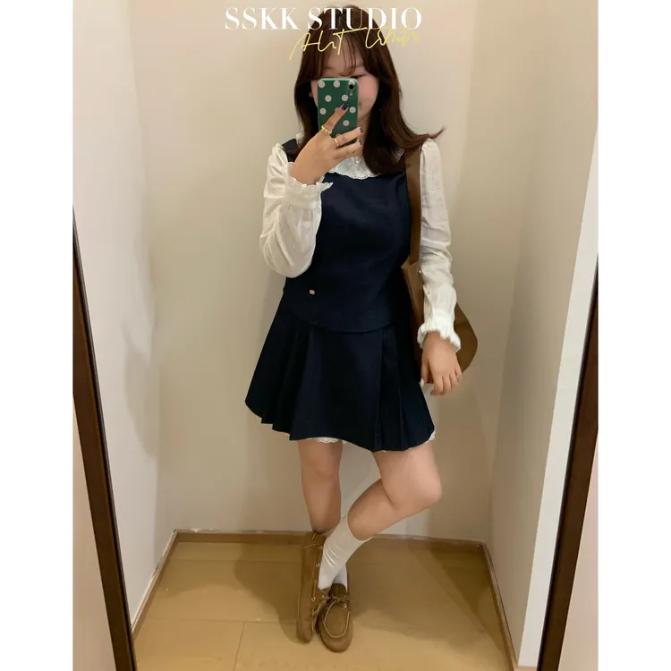 KMZY/KMZY山_山【香颂假日】微胖韩系学院风马甲背心衬衫+半裙套装