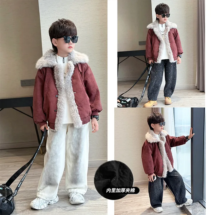 男童冬季新款时尚韩版宽松个性夹棉加厚毛领夹克外套中大童棉服