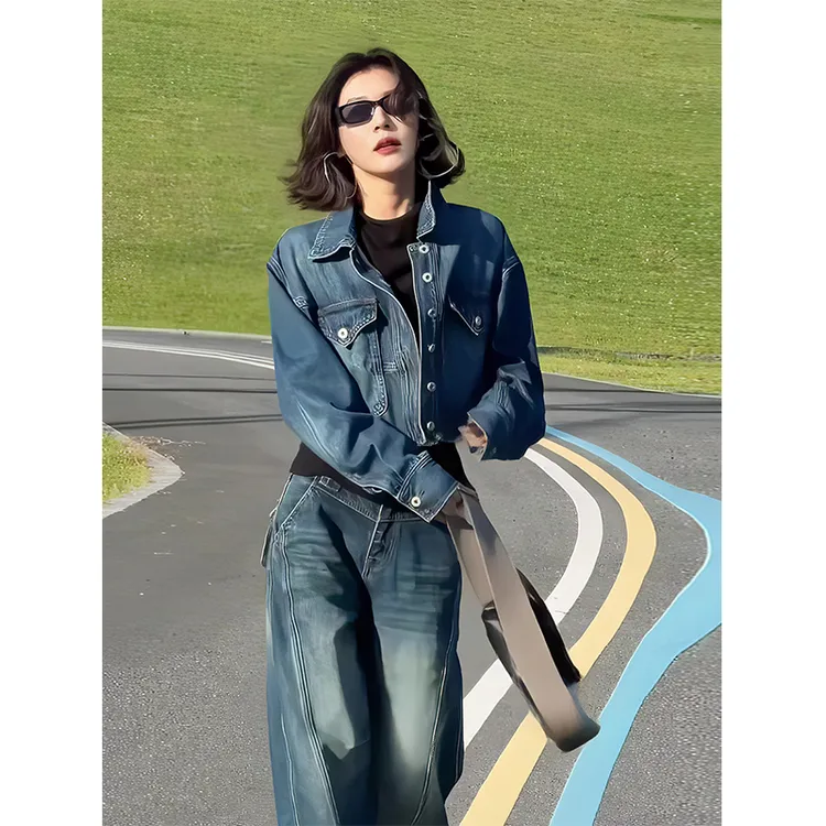 高级感港风复古牛仔外套女2025秋季美式蓝色短款时尚宽松百搭夹克