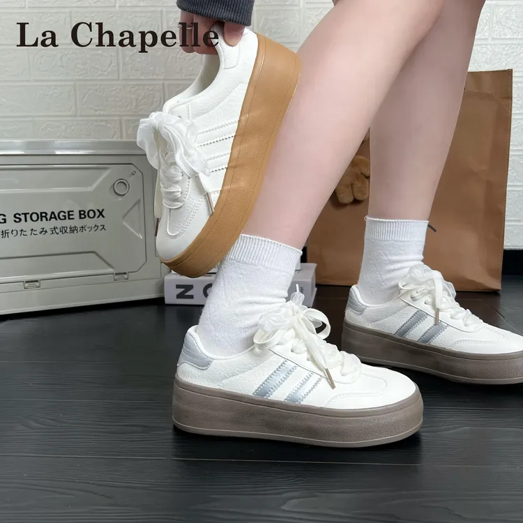 拉夏贝尔德训鞋女2025年春季新款爆款平底厚底增高休闲百搭小白鞋