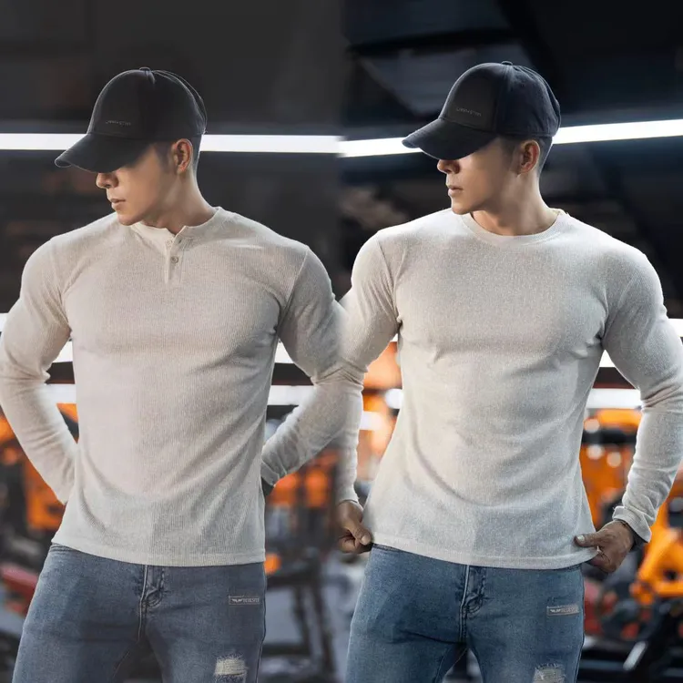 老钱风条纹肌理亨利领/圆领透气长袖男士秋季健身休闲打底衫上衣