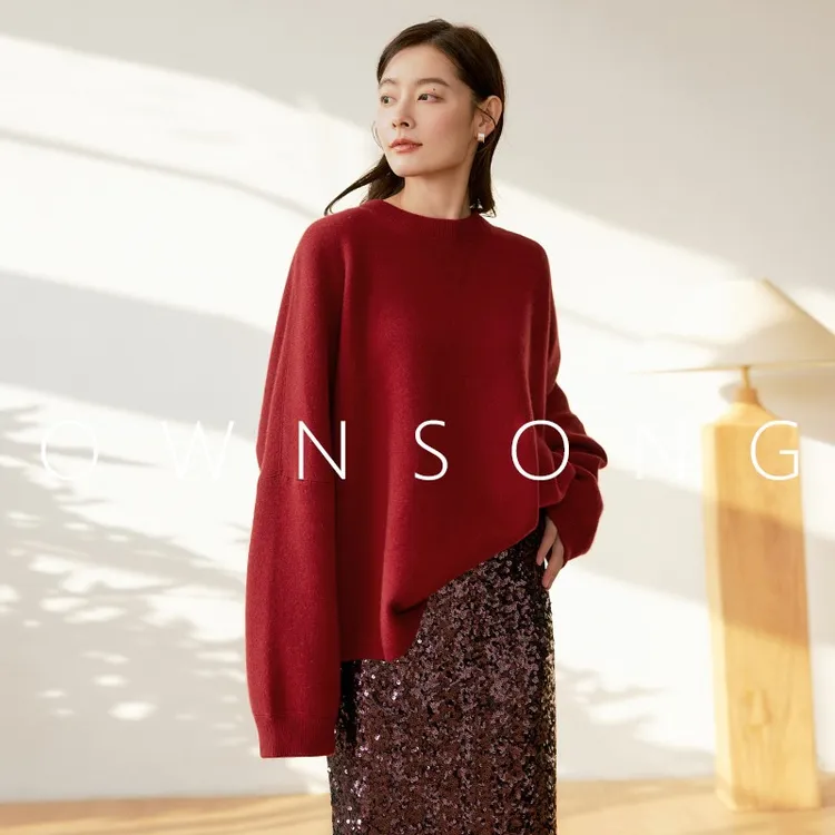 OWNSONG极美撞色！圣诞中国红色宽松圆领针织衫山羊绒卫衣大毛衣