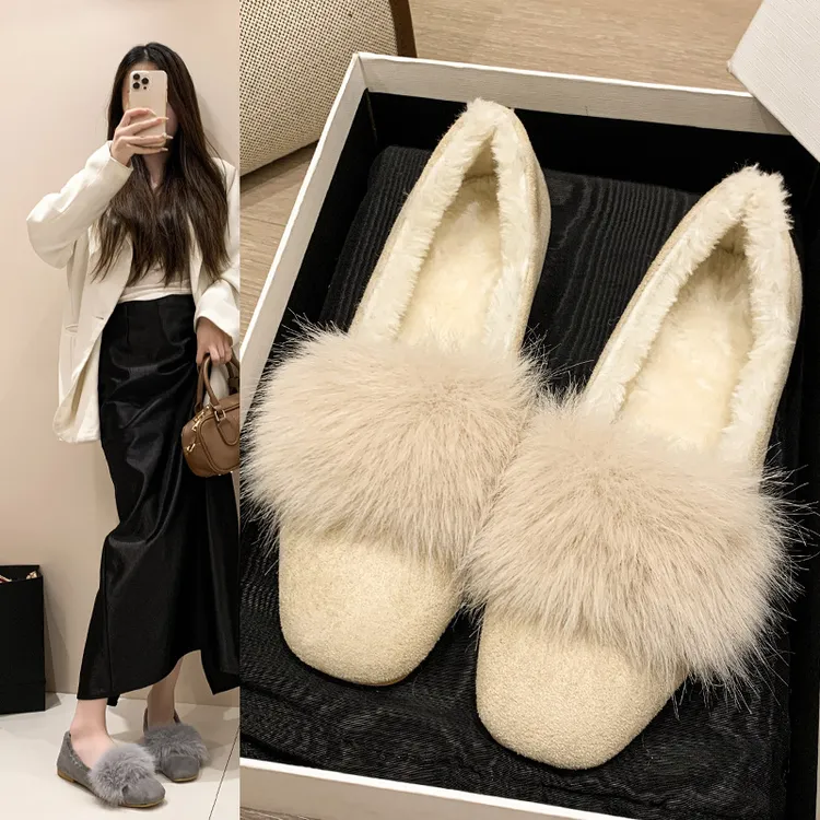 仙女风毛毛单鞋女平底鞋2025新款秋冬加绒软底豆豆鞋孕妇保暖棉鞋