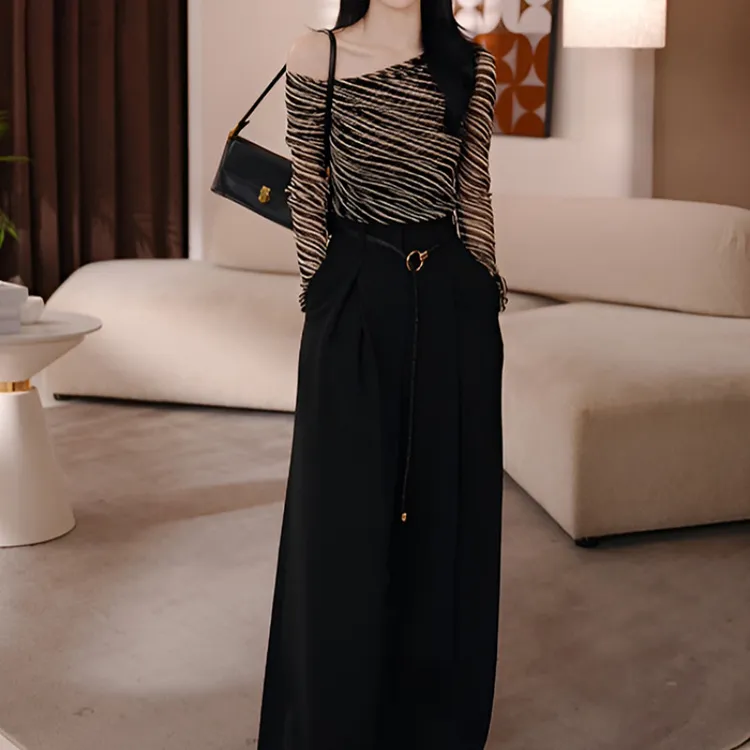 独特绝美斑马纹斜肩t恤上衣女2025春秋新款修身高腰直筒裤两件套