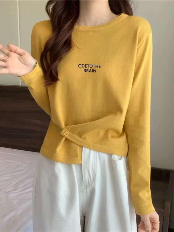 百搭休闲上衣不规则系扣圆领打底衫长袖t恤女春秋韩版设计感小众