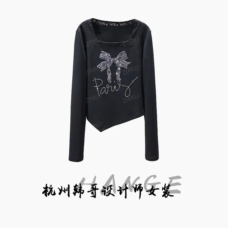 【韩哥女装】2025秋冬新品《子夜》暗夜黑工字领烫钻高弹上衣26005-A2