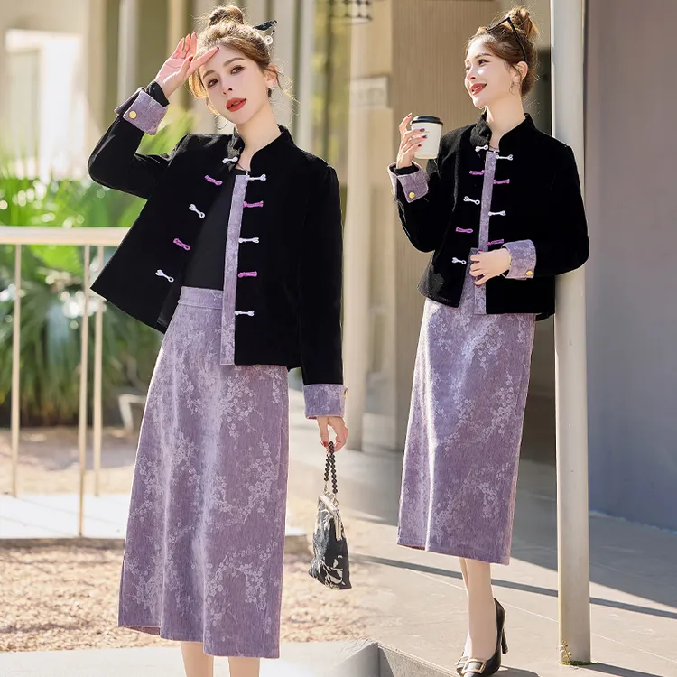 时尚套装女装2025春装春天衣服新款气质新中式上衣压花半裙两件套