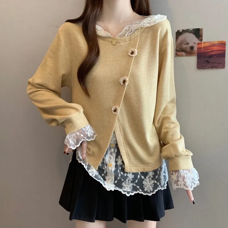 大码设计感蕾丝拼接长袖卫衣女春秋胖MM宽松显瘦百搭洋气开叉上衣