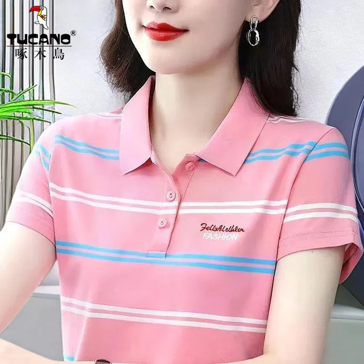 啄木鸟~短袖t恤女夏2025新款洋气妈妈条纹polo衫纯棉宽松显瘦上衣