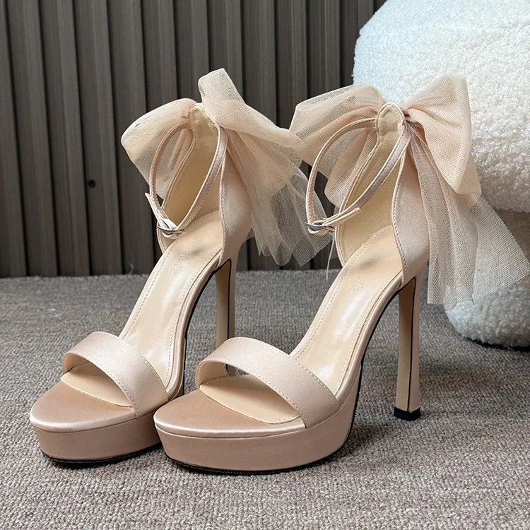 法式防水台香槟色蝴蝶结高跟鞋女细跟洛丽塔芭蕾宴会一字带扣凉鞋