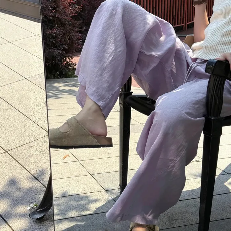 粉紫色亚麻裤女夏薄款胖妹妹高腰显瘦遮肉宽松bf慵懒风直筒休闲裤