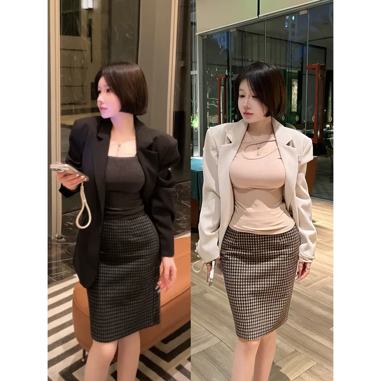 希野逸儿/气质百搭毛呢女人半身裙秋冬格子百搭高腰显瘦包臀裙