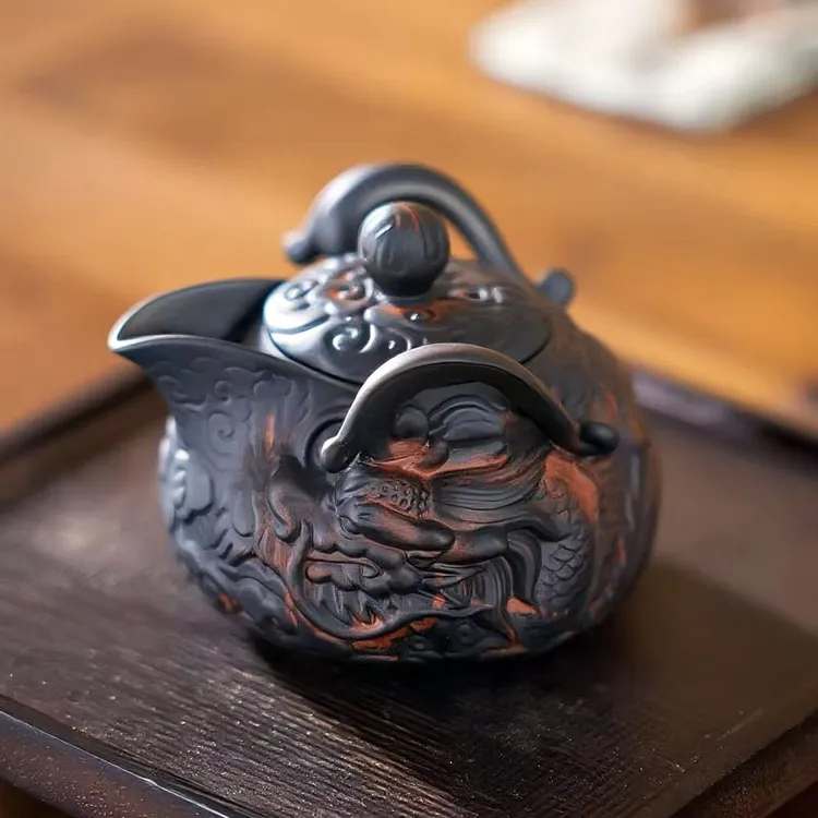 高档紫陶茶壶飞龙手抓壶大容量手工复古堆雕一壶两杯单个泡茶壶